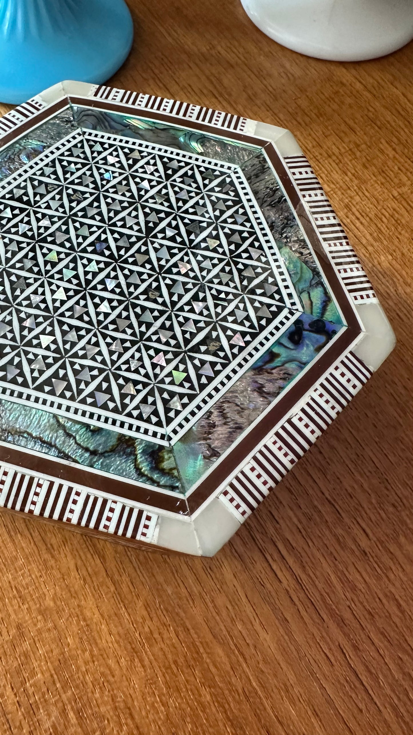 Egyptian Inlaid Mother of Pearl Hexagonal Jewelry Box