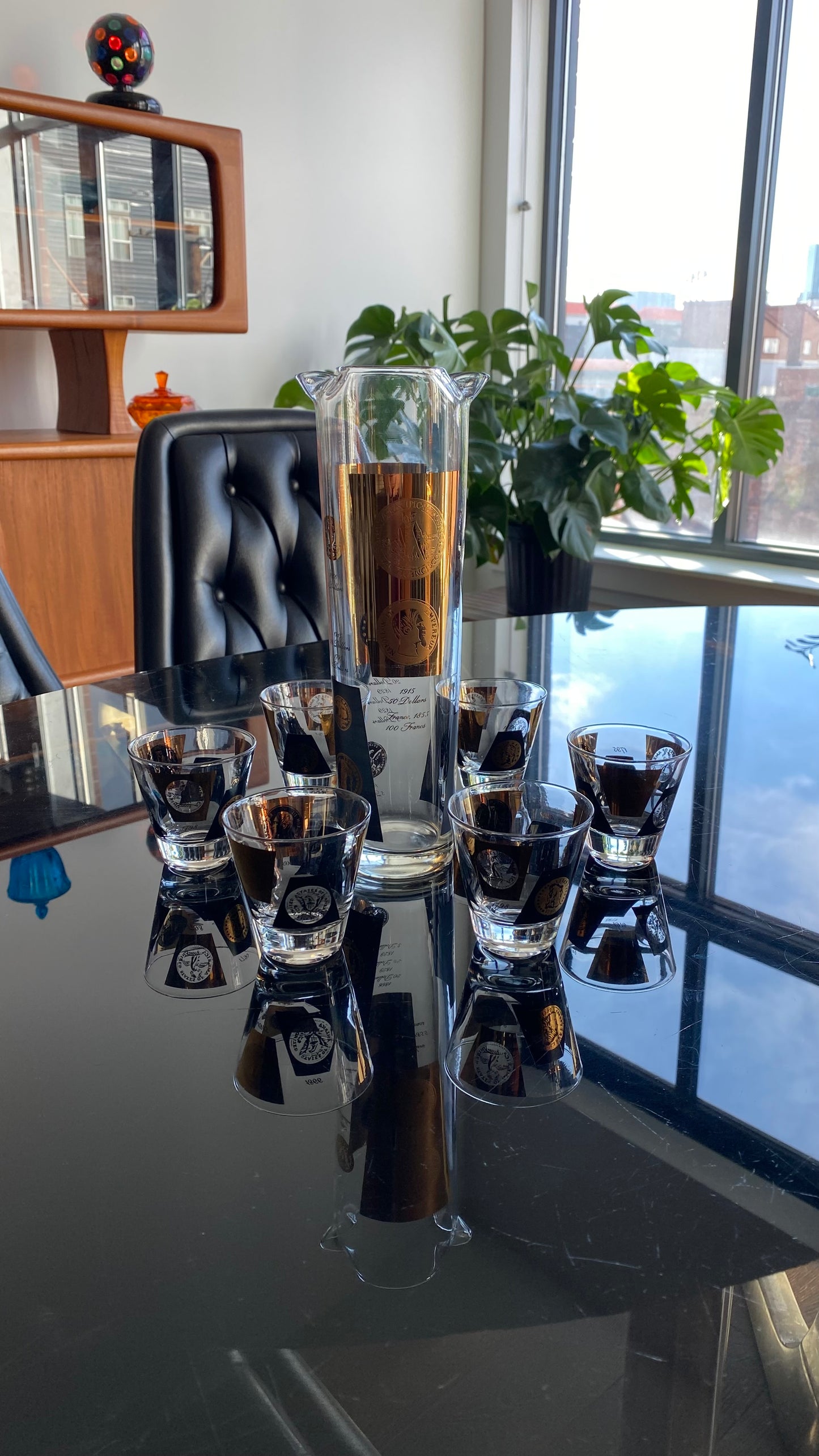 1960s MCM 22k Gold Cera Coin Pitcher & Shot Glasses Set