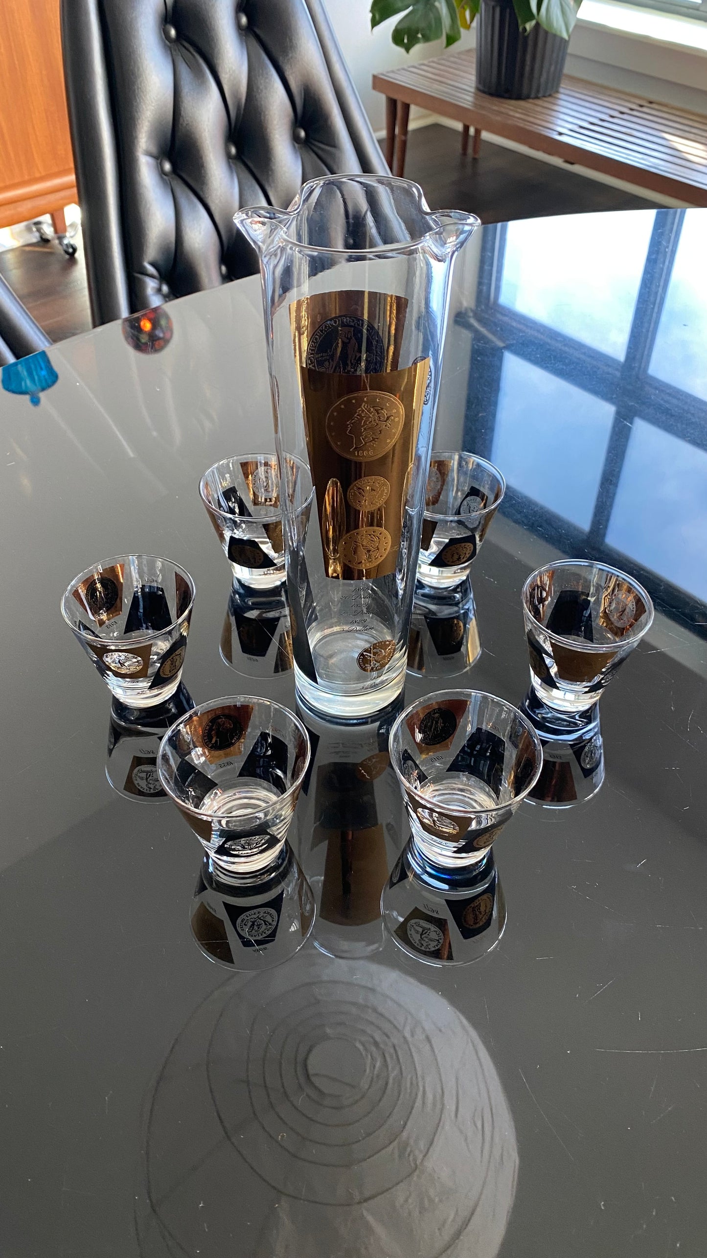 1960s MCM 22k Gold Cera Coin Pitcher & Shot Glasses Set
