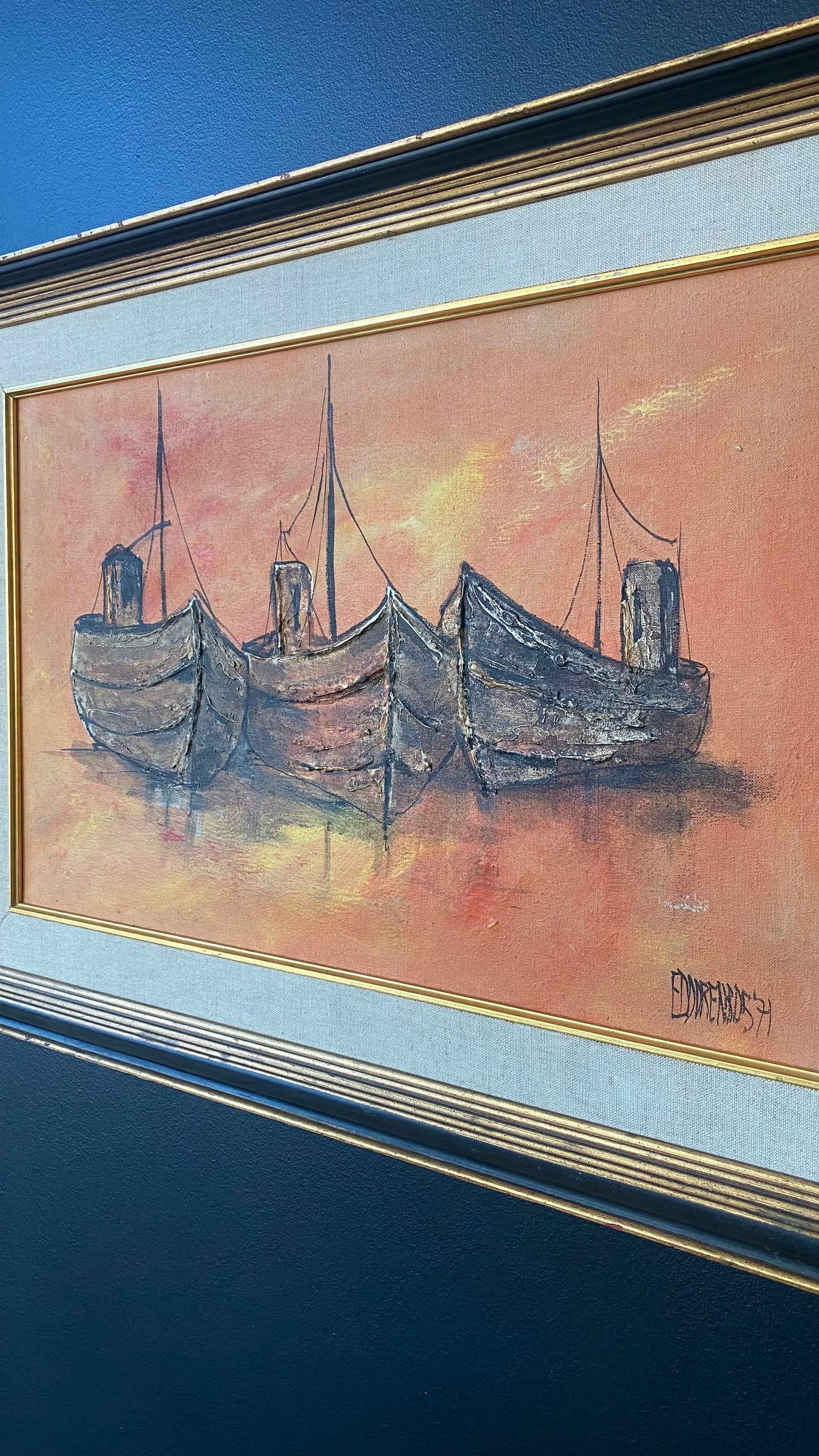 Vintage Mid-Century Ship Original Painting