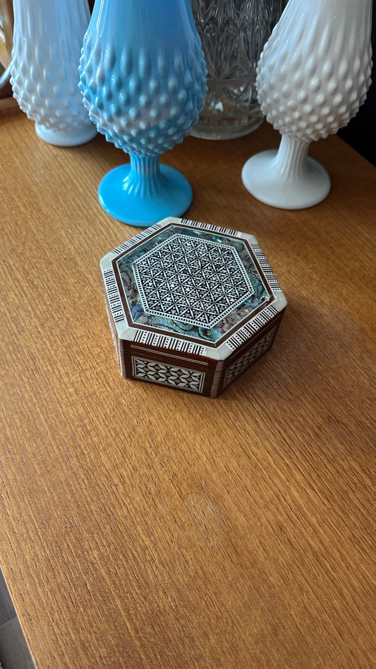 Egyptian Inlaid Mother of Pearl Hexagonal Jewelry Box