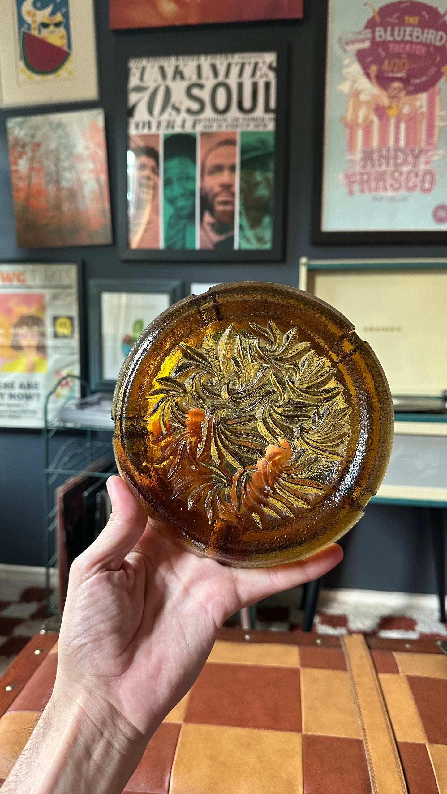 L.E. Smith Sand Scroll Amber Glass Ashtray