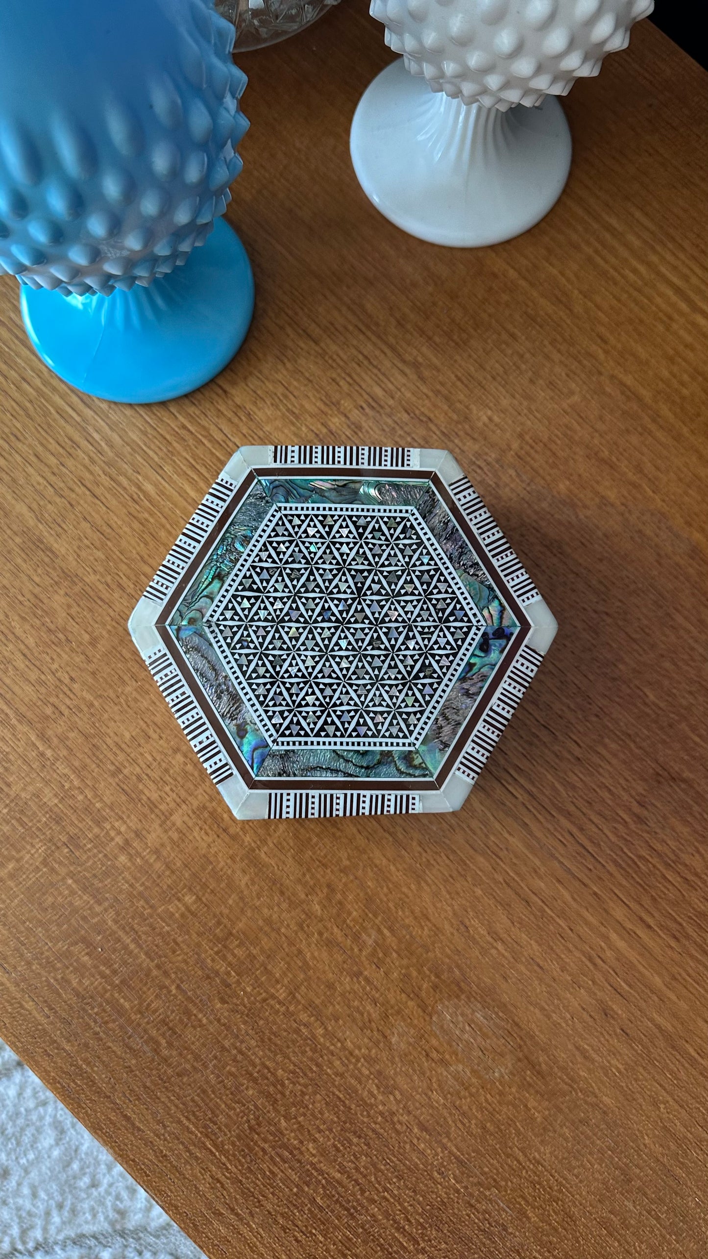Egyptian Inlaid Mother of Pearl Hexagonal Jewelry Box