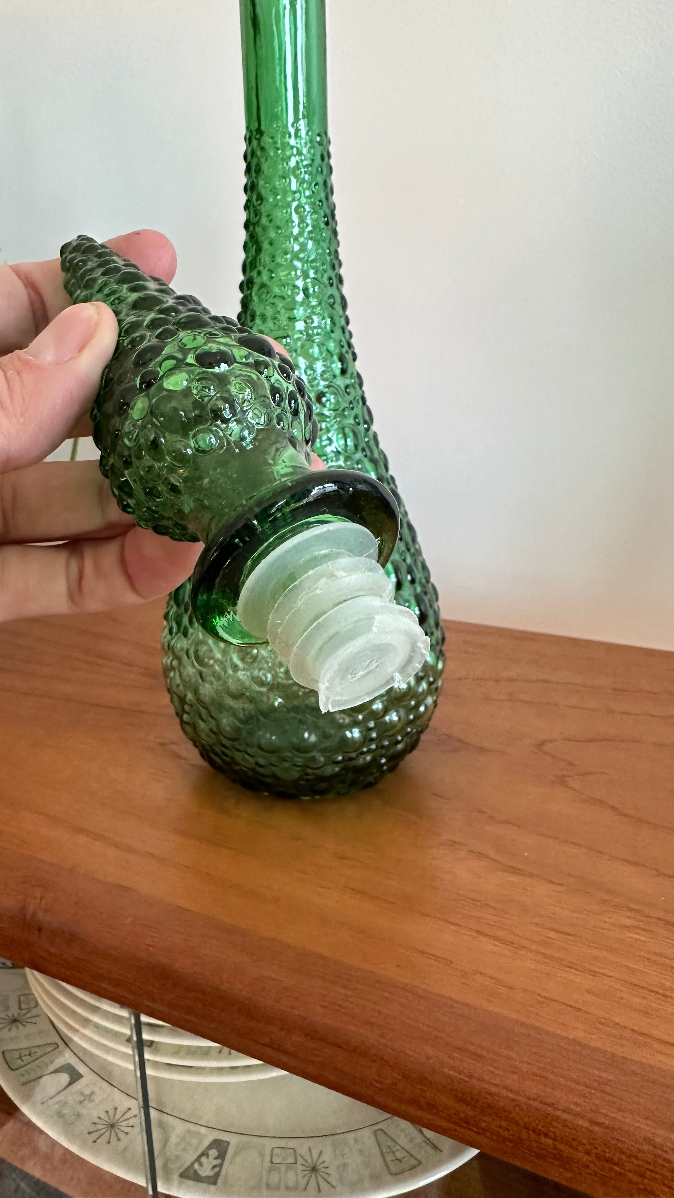 Vintage Empoli Art Glass Genie Bottle Green Hobnail mid century modern