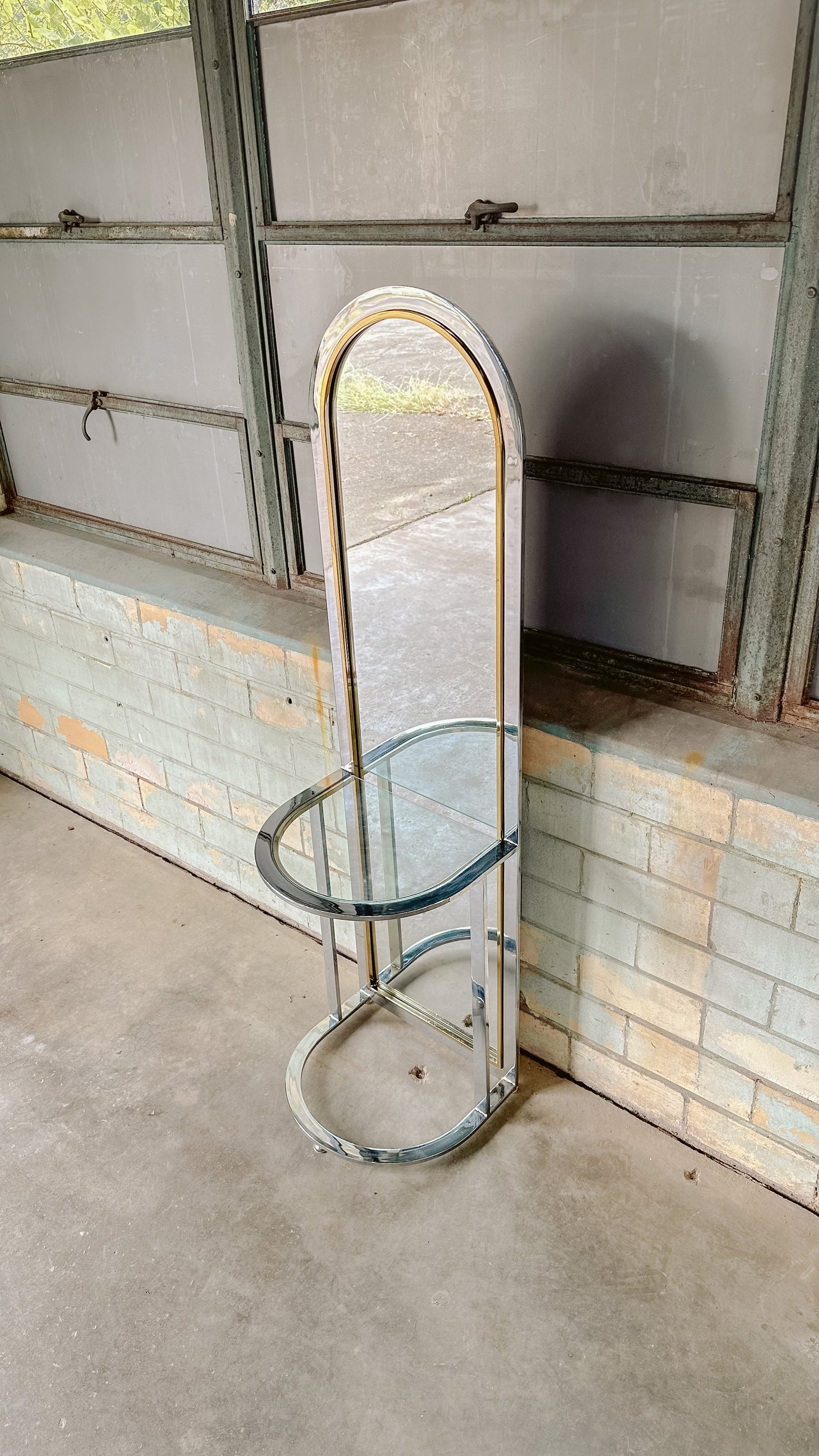 1976 Arched Chrome & Brass Hall Mirror